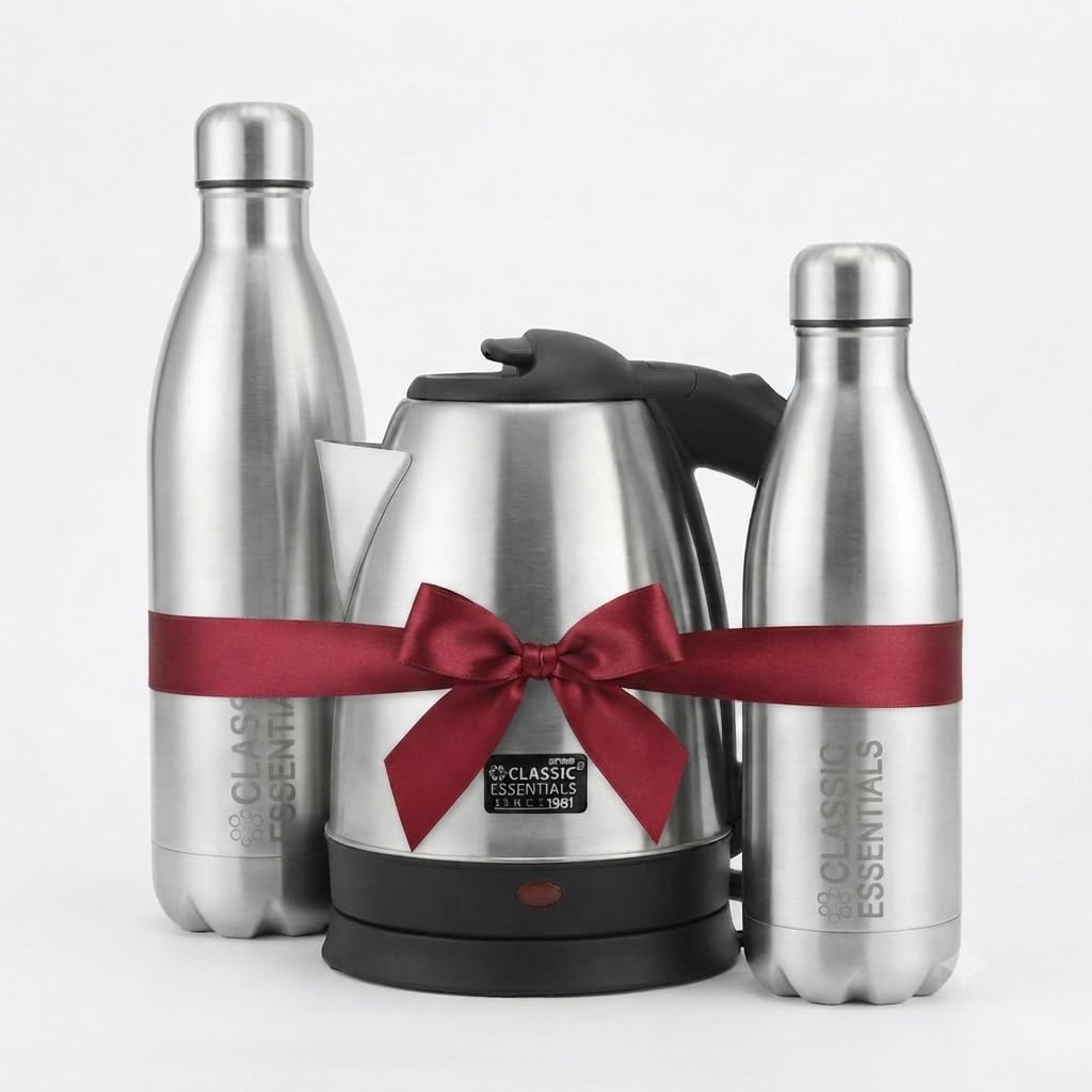 Classic Essentials Stainless Steel Electric Kettle 1.5 L + Insulated Double Wall Vacuum Stainless Steel Water Bottle (Pack of 2) | 1L + 750ml | 24 Hours Hot & Cold | BIS Approved | 100% Leakproof Lid