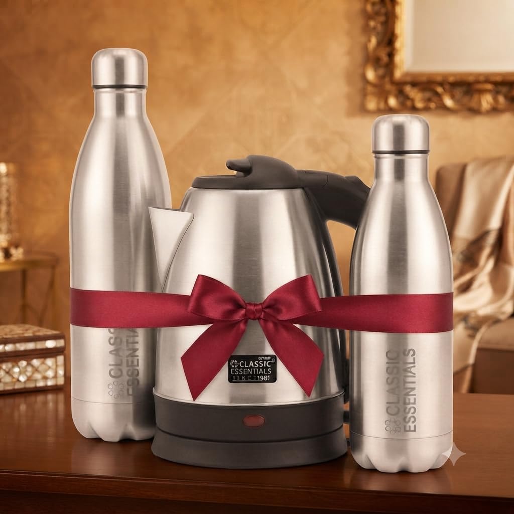 Classic Essentials Stainless Steel Electric Kettle 1.5 L + Insulated Double Wall Vacuum Stainless Steel Water Bottle (Pack of 2) | 1L + 750ml | 24 Hours Hot & Cold | BIS Approved | 100% Leakproof Lid