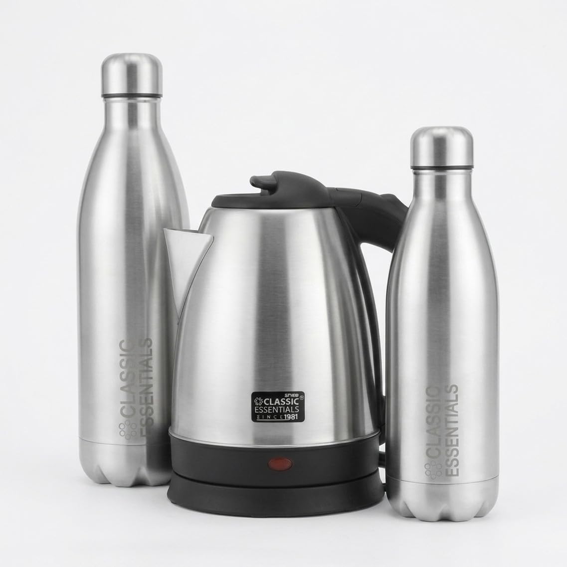 Classic Essentials Stainless Steel Electric Kettle 1.5 L + Insulated Double Wall Vacuum Stainless Steel Water Bottle (Pack of 2) | 1L + 750ml | 24 Hours Hot & Cold | BIS Approved | 100% Leakproof Lid