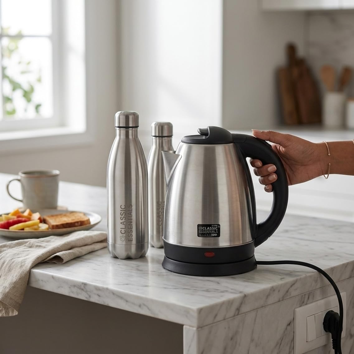 Classic Essentials Stainless Steel Electric Kettle 1.5 L + Insulated Double Wall Vacuum Stainless Steel Water Bottle (Pack of 2) | 1L + 750ml | 24 Hours Hot & Cold | BIS Approved | 100% Leakproof Lid
