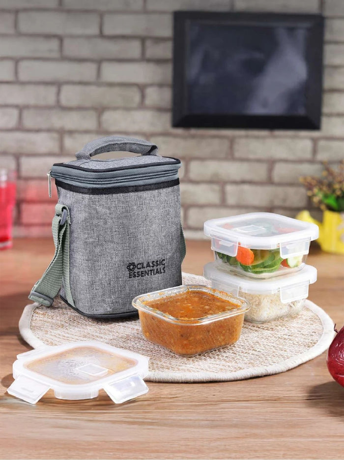 Classic Essentials BOSTON Borosilicate Glass Square Lunch box set (320 ml Each) Office Tiffin 3 Containers Glass Office Lunch Box