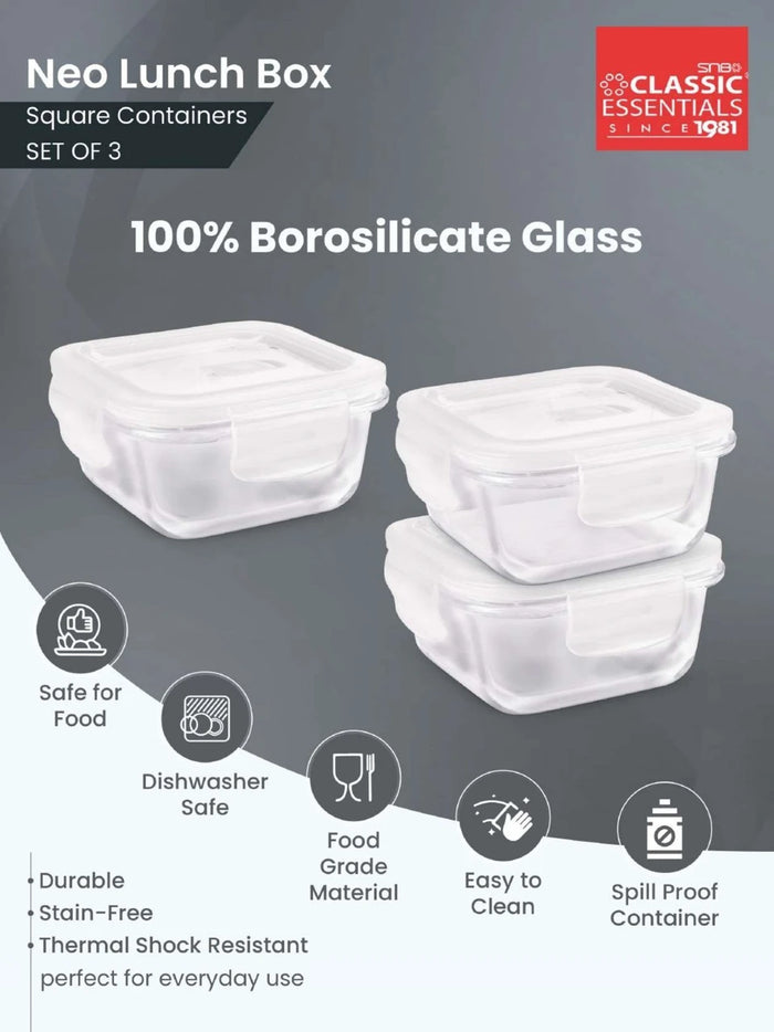 Classic Essentials BOSTON Borosilicate Glass Square Lunch box set (320 ml Each) Office Tiffin 3 Containers Glass Office Lunch Box
