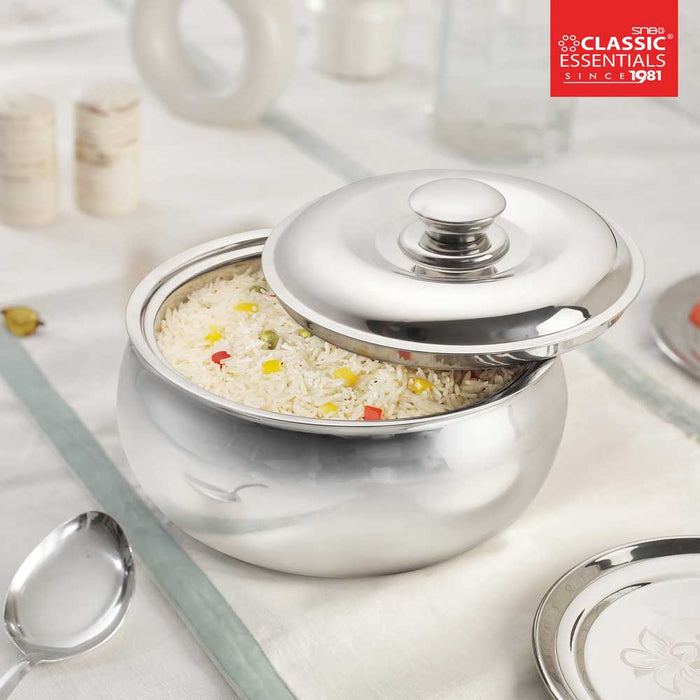 Classic Essential Belly Stainless Steel Tripot Hot-Pot Thermoware, Double Wall, Insulated Casserole with Lid