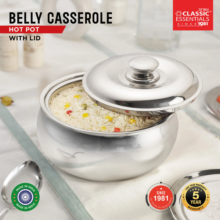 Classic Essential Belly Stainless Steel Tripot Hot-Pot Thermoware, Double Wall, Insulated Casserole with Lid, Color: Silver