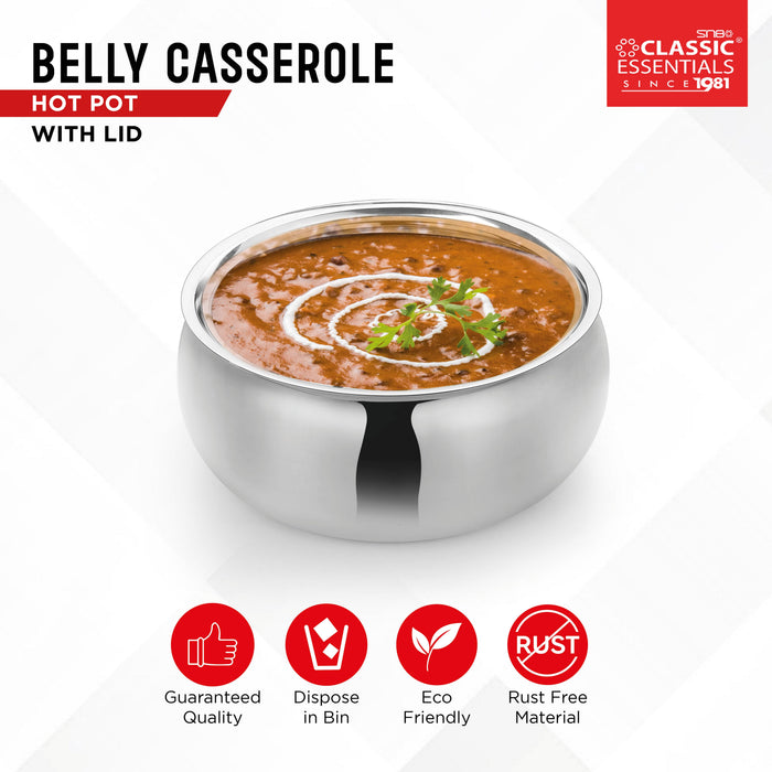 Classic Essential Belly Stainless Steel Tripot Hot-Pot Thermoware, Double Wall, Insulated Casserole with Lid , Color: Silver, Capacity: 2100ML