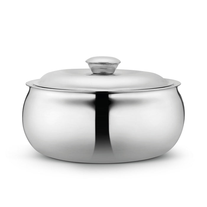 Classic Essential Belly Stainless Steel Tripot Hot-Pot Thermoware, Double Wall, Insulated Casserole with Lid , Color: Silver, Capacity: 2100ML