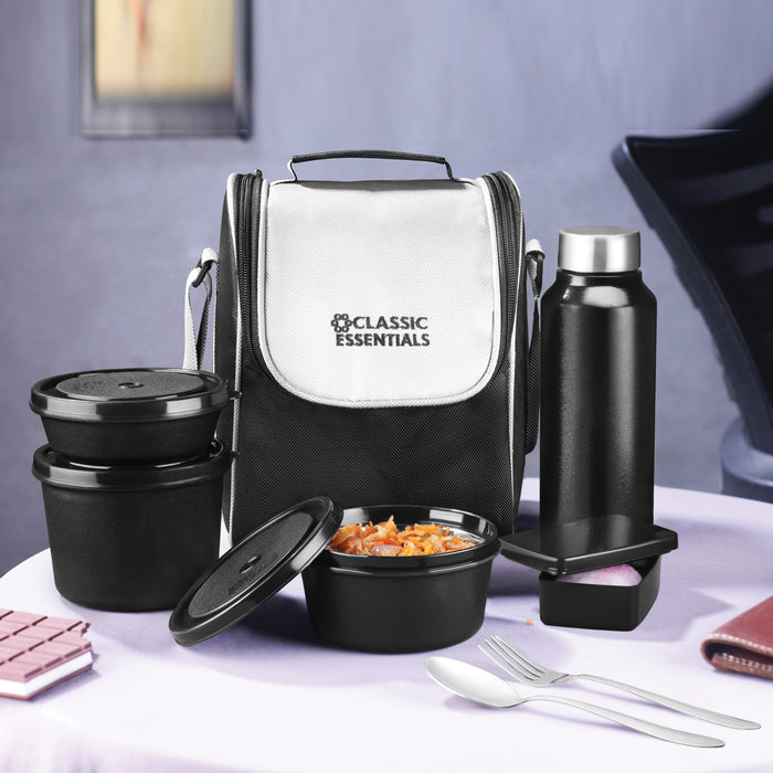 Classic Essentials Insulated Lunch Box Set with Bag for Office | 3 Food Containers, 750 ml Stainless Steel Bottle, Spoon & Fork | Stainless Steel Lunch Box for Men Supreme Lunch Box (Microwave Safe) Black