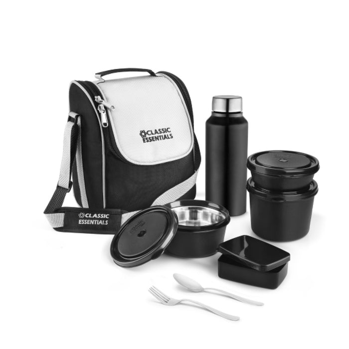 Classic Essentials Insulated Lunch Box Set with Bag for Office | 3 Food Containers, 750 ml Stainless Steel Bottle, Spoon & Fork | Stainless Steel Lunch Box for Men Supreme Lunch Box (Microwave Safe) Black