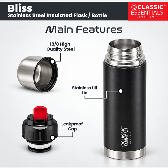 Classic Essentials Insulated Double Wall Vacuum Stainless Steel Water Bottle with Leakproof Lid 750 ml Steel Flask Black