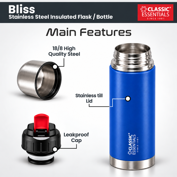 Classic Essentials Insulated Double Wall Vacuum Stainless Steel Water Bottle with Leakproof Lid 500 ml Steel Flask Blue