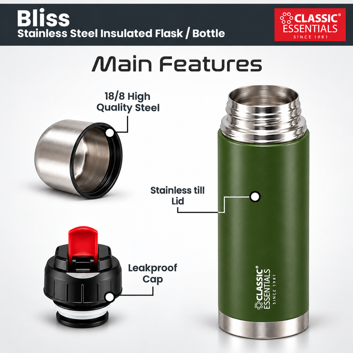 Classic Essentials Insulated Double Wall Vacuum Stainless Steel Water Bottle with Leakproof Lid 750 ml Steel Flask Military Green