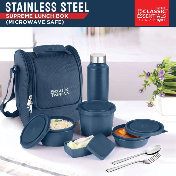 Supreme Lunch Box (Microwave Safe), 3 Stainless Steel Microwave-Safe Containers 1 pickle box, Bottle (with Cutlery and a Free Bag, 1250ML, Blue)