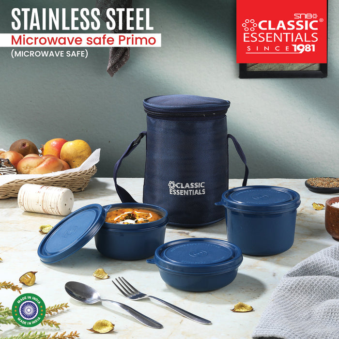 Primo Blue Stainless Steel 3-Piece Microwave Safe Lunch Box | Insulated & Leak-Proof Tiffin Box | BPA-Free, Food-Grade & Durable | Perfect for Office, School & Travel