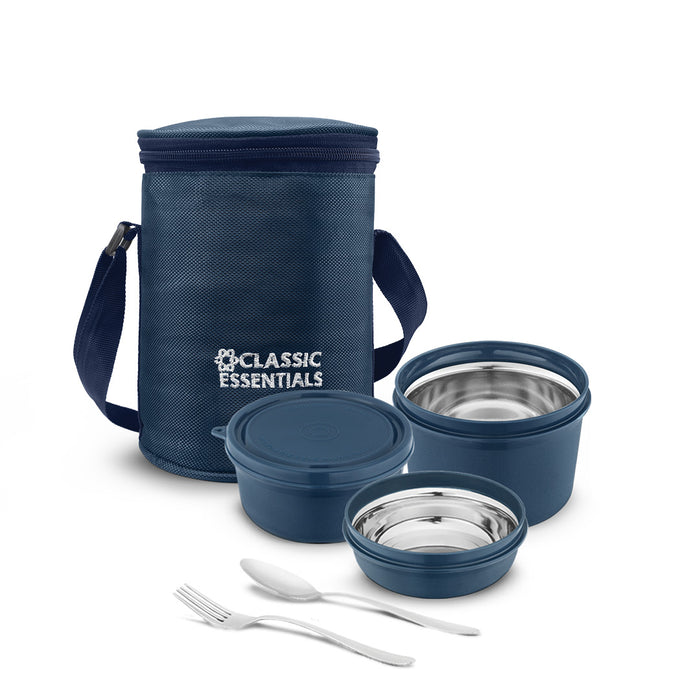 Primo Blue Stainless Steel 3-Piece Microwave Safe Lunch Box | Insulated & Leak-Proof Tiffin Box | BPA-Free, Food-Grade & Durable | Perfect for Office, School & Travel