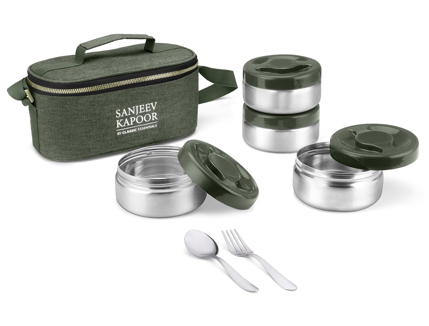 Sanjeev Kapoor by Classic Essentials Nutri Nest Insulated Lunch Box | 4 x 400ml Leak Proof Stainless Steel Tiffin Box with Bag & Cutlery | Microwave Friendly Lunch Box for Office & School | Green