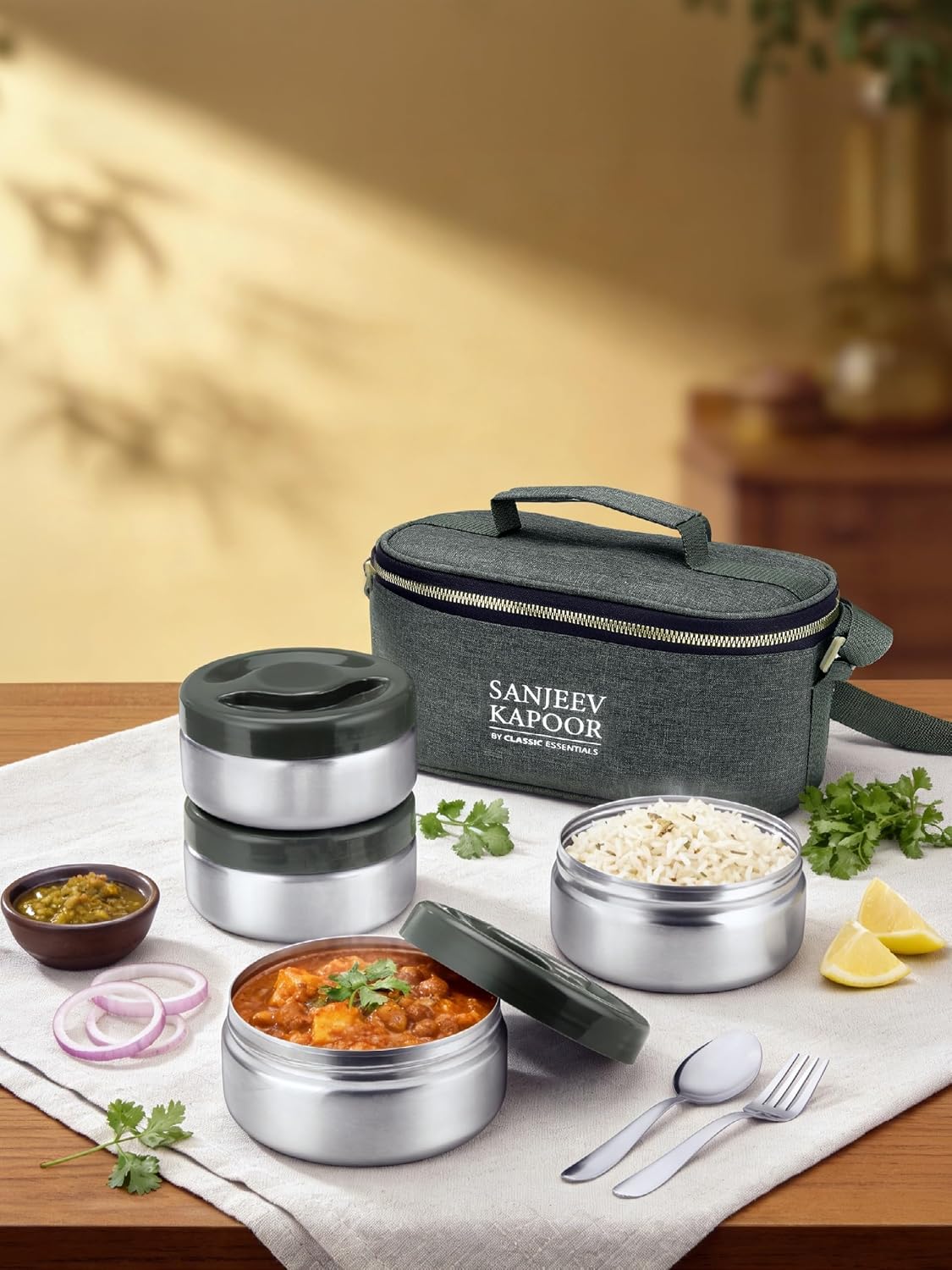 Sanjeev Kapoor by Classic Essentials Nutri Nest Insulated Lunch Box | 4 x 400ml Leak Proof Stainless Steel Tiffin Box with Bag & Cutlery | Microwave Friendly Lunch Box for Office & School | Green