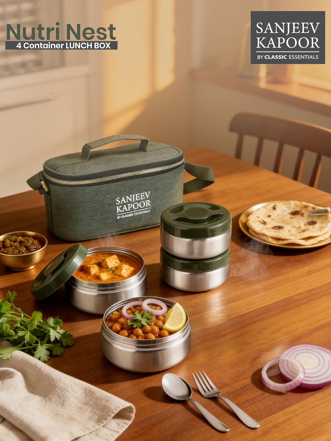 Sanjeev Kapoor by Classic Essentials Nutri Nest Insulated Lunch Box | 4 x 400ml Leak Proof Stainless Steel Tiffin Box with Bag & Cutlery | Microwave Friendly Lunch Box for Office & School | Green