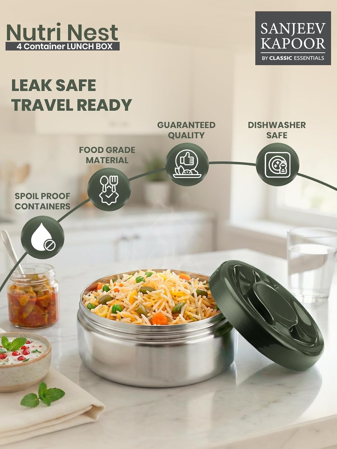 Sanjeev Kapoor by Classic Essentials Nutri Nest Insulated Lunch Box | 4 x 400ml Leak Proof Stainless Steel Tiffin Box with Bag & Cutlery | Microwave Friendly Lunch Box for Office & School | Green