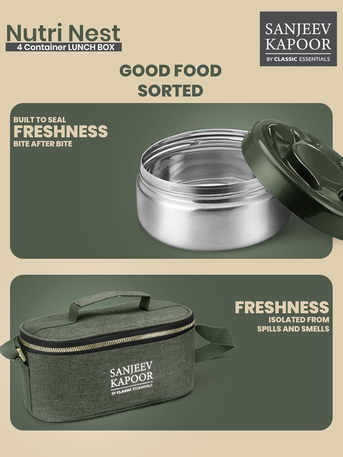 Sanjeev Kapoor by Classic Essentials Nutri Nest Insulated Lunch Box | 4 x 400ml Leak Proof Stainless Steel Tiffin Box with Bag & Cutlery | Microwave Friendly Lunch Box for Office & School | Green