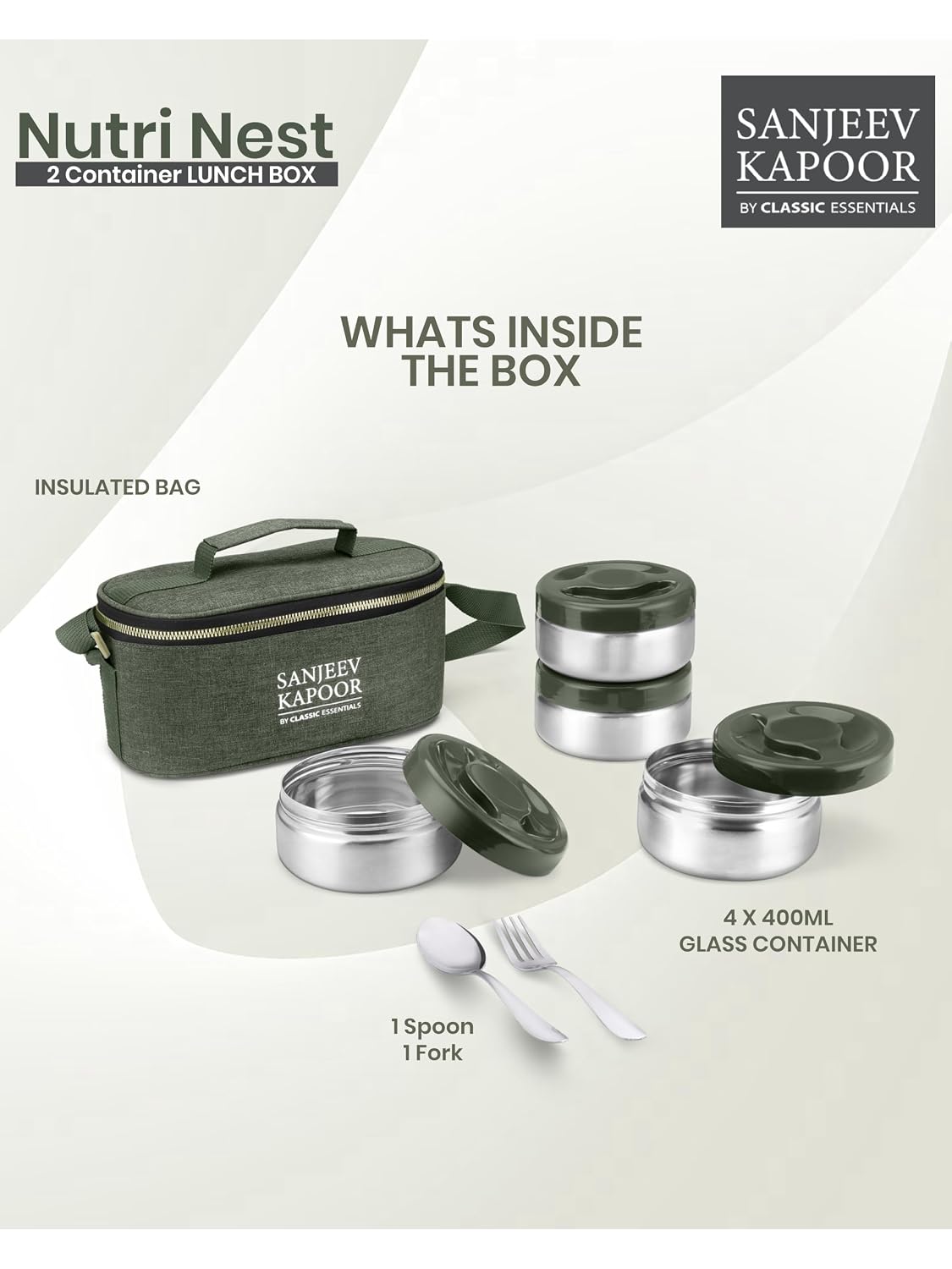 Sanjeev Kapoor by Classic Essentials Nutri Nest Insulated Lunch Box | 4 x 400ml Leak Proof Stainless Steel Tiffin Box with Bag & Cutlery | Microwave Friendly Lunch Box for Office & School | Green
