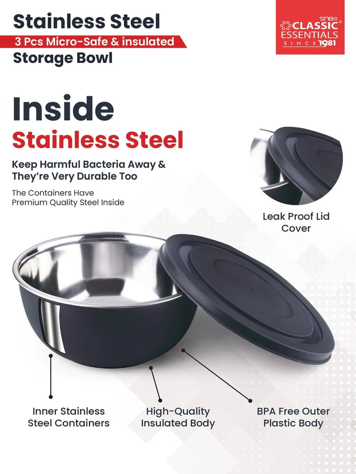 Classic Essentials Stainless Steel Storage Bowl Microwave Safe Mixing Bowl Set Of 3 Navy Blue (500ml, 750ml,1250ml),