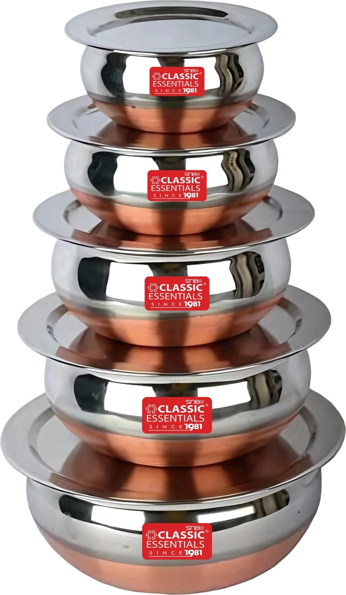 Classic Essentials Stainless Steel Copper Bottom Handi Patila Bhagona Set for Induction | Biryani Cook & Serve Cookware Set 500ml, 750ml, 1L, 1.5L, 2L