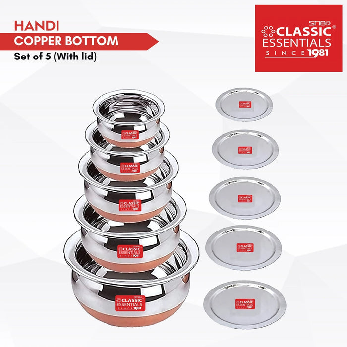 Classic Essentials Stainless Steel Copper Bottom Handi Patila Bhagona Set for Induction | Biryani Cook & Serve Cookware Set 500ml, 750ml, 1L, 1.5L, 2L