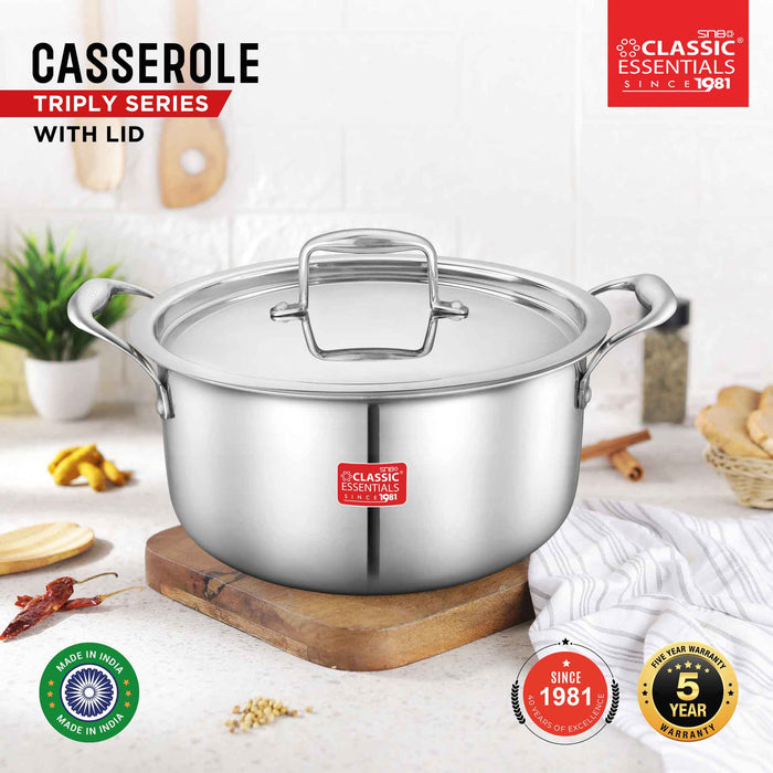 Classic Essentials Triply Stainless Steel Cook & Serve Induction Bottom Casserole with Lid, Color: Silver, Capacity: 3LTR