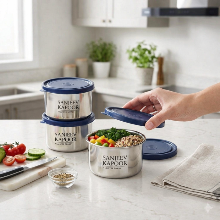 Sanjeev Kapoor by Classic Essentials Set of 3  Microwave Safe Stainless Steel Office & School Lunch Box Containers