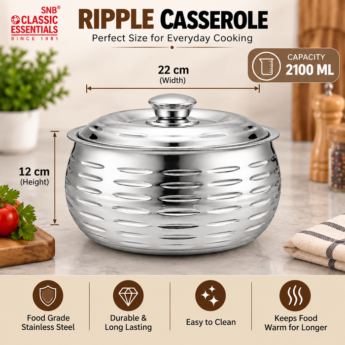 CLASSIC ESSENTIALS Double Wall Insulated Stainless Steel Ripple Casserole 2100 ml | Hot Pot Food Storage & Serving Bowl | Thermal Belly Casserole for Roti, Rice, Dal, Curry & Meals