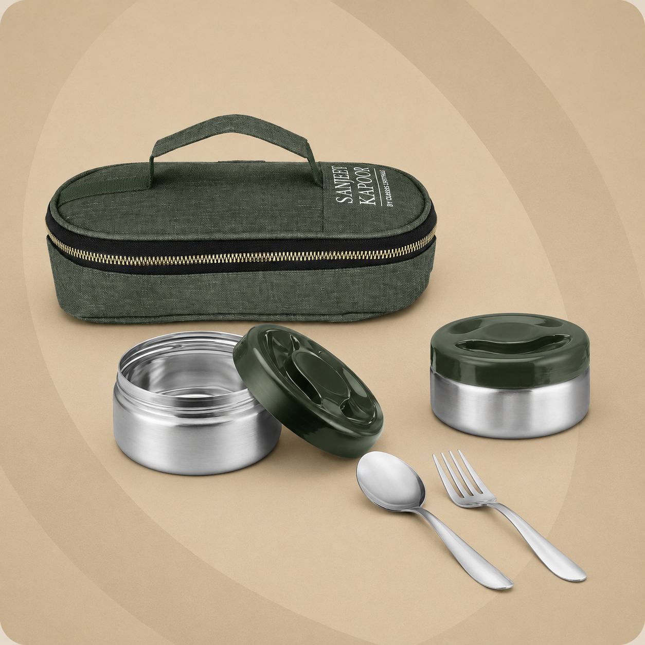 Sanjeev Kapoor by Classic Essentials Nutri Nest Lunch Box | 2 x 400ml Leak Proof Stainless Steel Tiffin Box with Bag & Cutlery | Lunch Box for Office & School | Green