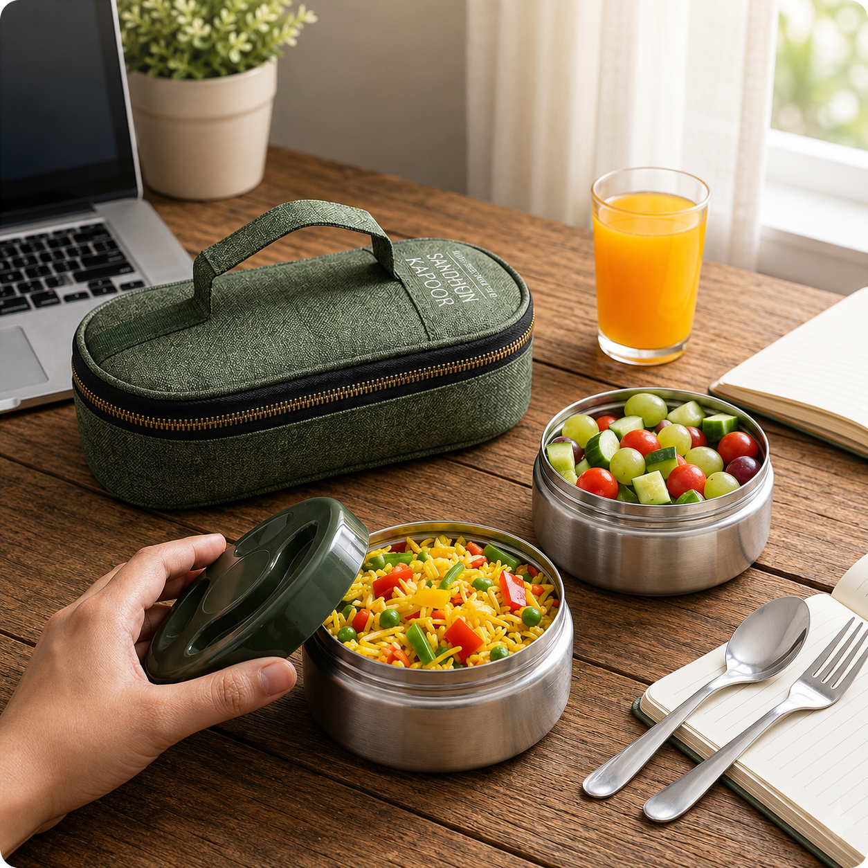 Sanjeev Kapoor by Classic Essentials Nutri Nest Lunch Box | 2 x 400ml Leak Proof Stainless Steel Tiffin Box with Bag & Cutlery | Lunch Box for Office & School | Green