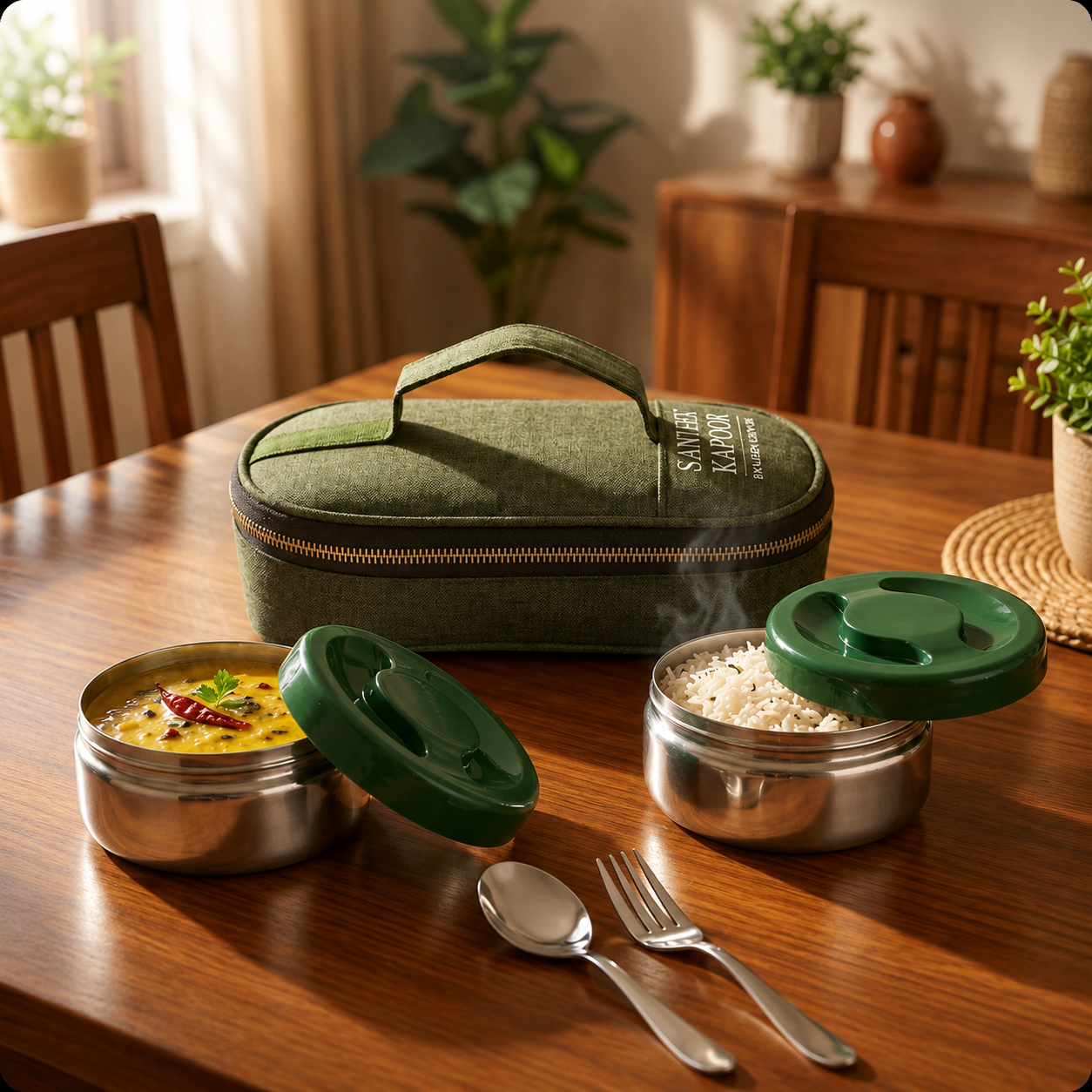 Sanjeev Kapoor by Classic Essentials Nutri Nest Lunch Box | 2 x 400ml Leak Proof Stainless Steel Tiffin Box with Bag & Cutlery | Lunch Box for Office & School | Green