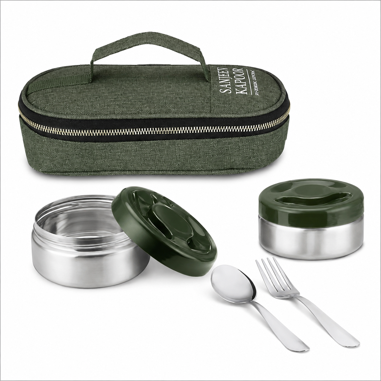 Sanjeev Kapoor by Classic Essentials Nutri Nest Lunch Box | 2 x 400ml Leak Proof Stainless Steel Tiffin Box with Bag & Cutlery | Lunch Box for Office & School | Green
