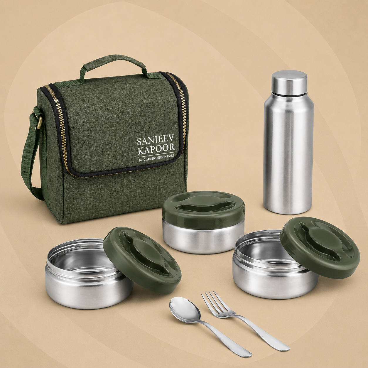 Sanjeev Kapoor by Classic Essentials Nutri Nest  Lunch Box with Bottle | 3 x 400ml Leak Proof Stainless Steel Tiffin Box with Steel Bottle Bag & Cutlery | Lunch Box for Office | Green