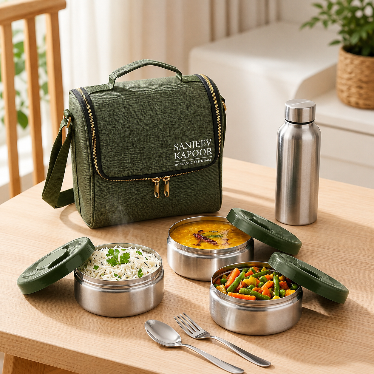 Sanjeev Kapoor by Classic Essentials Nutri Nest  Lunch Box with Bottle | 3 x 400ml Leak Proof Stainless Steel Tiffin Box with Steel Bottle Bag & Cutlery | Lunch Box for Office | Green