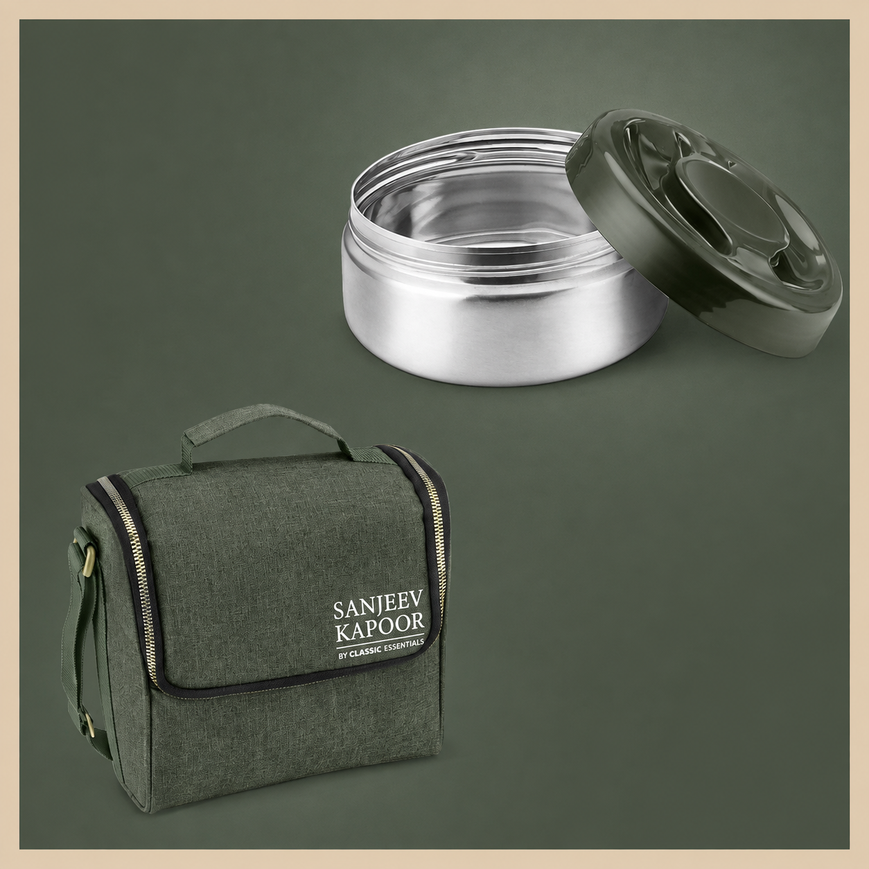 Sanjeev Kapoor by Classic Essentials Nutri Nest  Lunch Box with Bottle | 3 x 400ml Leak Proof Stainless Steel Tiffin Box with Steel Bottle Bag & Cutlery | Lunch Box for Office | Green