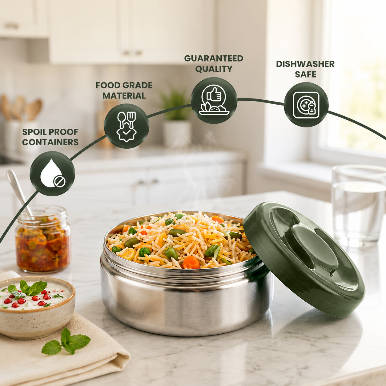 Sanjeev Kapoor by Classic Essentials Nutri Nest  Lunch Box with Bottle | 3 x 400ml Leak Proof Stainless Steel Tiffin Box with Steel Bottle Bag & Cutlery | Lunch Box for Office | Green