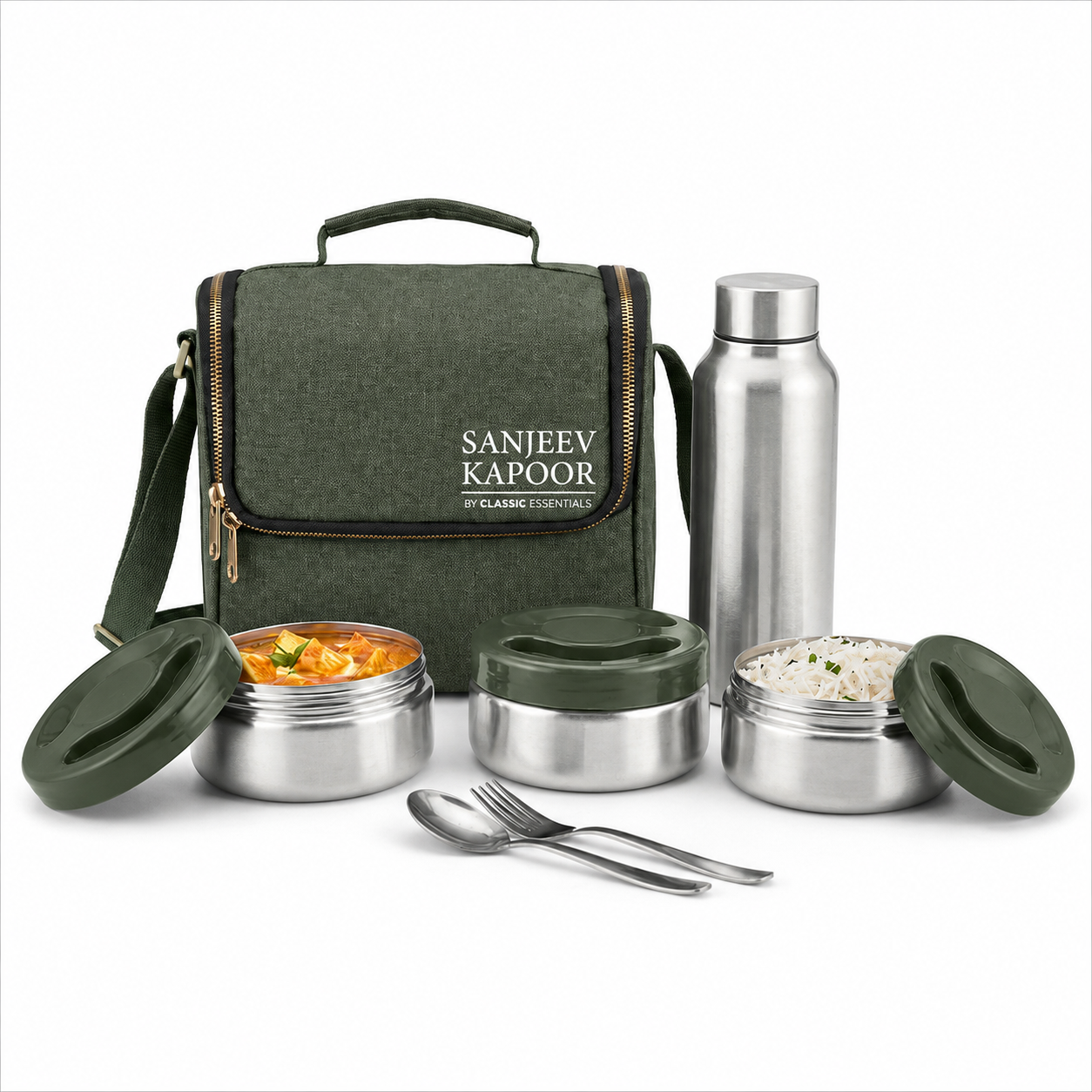 Sanjeev Kapoor by Classic Essentials Nutri Nest  Lunch Box with Bottle | 3 x 400ml Leak Proof Stainless Steel Tiffin Box with Steel Bottle Bag & Cutlery | Lunch Box for Office | Green
