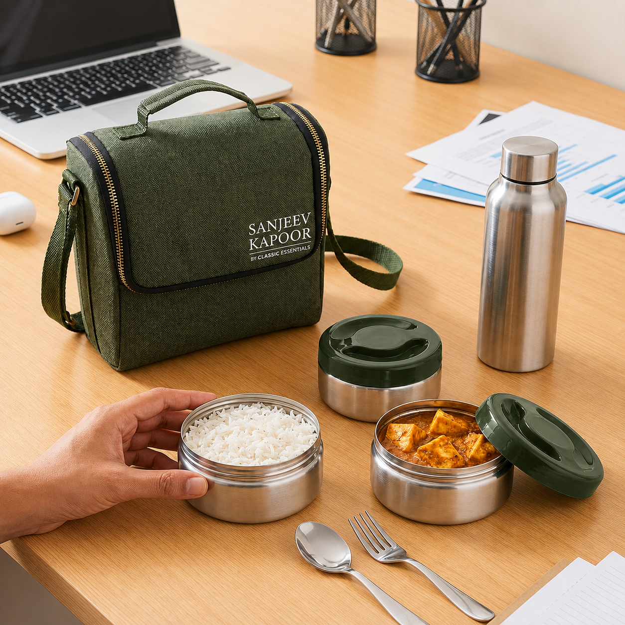 Sanjeev Kapoor by Classic Essentials Nutri Nest  Lunch Box with Bottle | 3 x 400ml Leak Proof Stainless Steel Tiffin Box with Steel Bottle Bag & Cutlery | Lunch Box for Office | Green