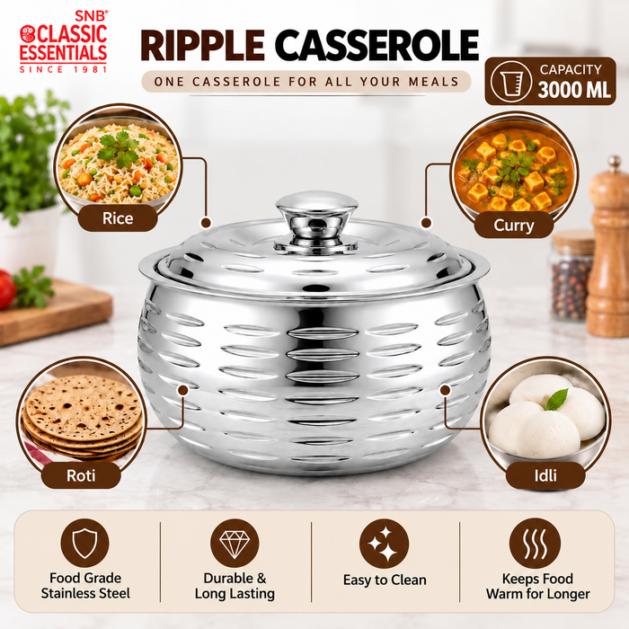 CLASSIC ESSENTIALS Double Wall Insulated Stainless Steel Ripple Casserole 3000 ml | Hot Pot Food Storage & Serving Bowl | Thermal Belly Casserole for Roti, Rice, Dal, Curry & Meals