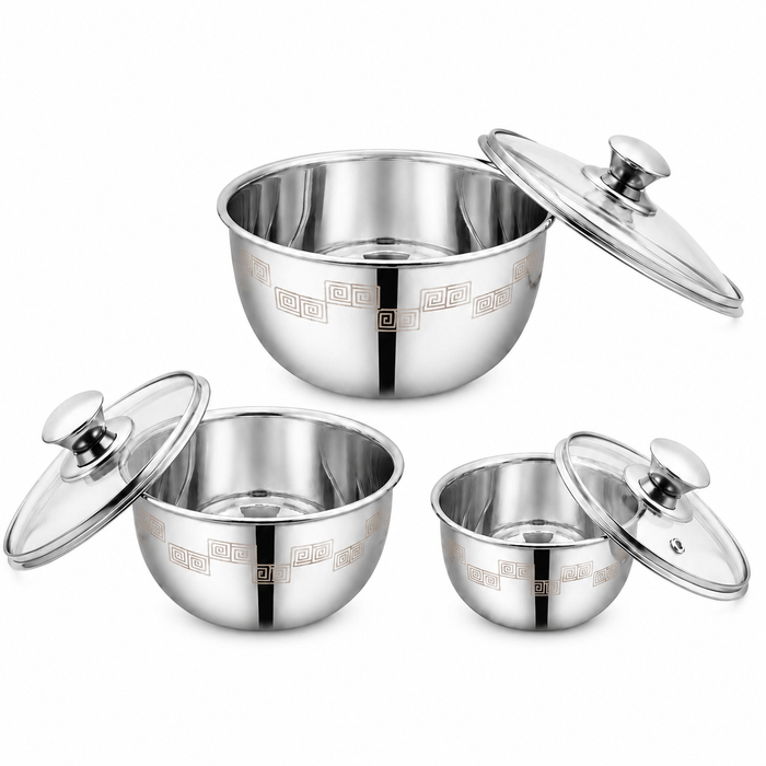 Sanjeev Kapoor by Classic Essentials MICROSAFE Stainless Steel Portion Bowl Set (750ml, 1000ml, 1500ml) | Microwave Safe | Aztec Laser Printed
