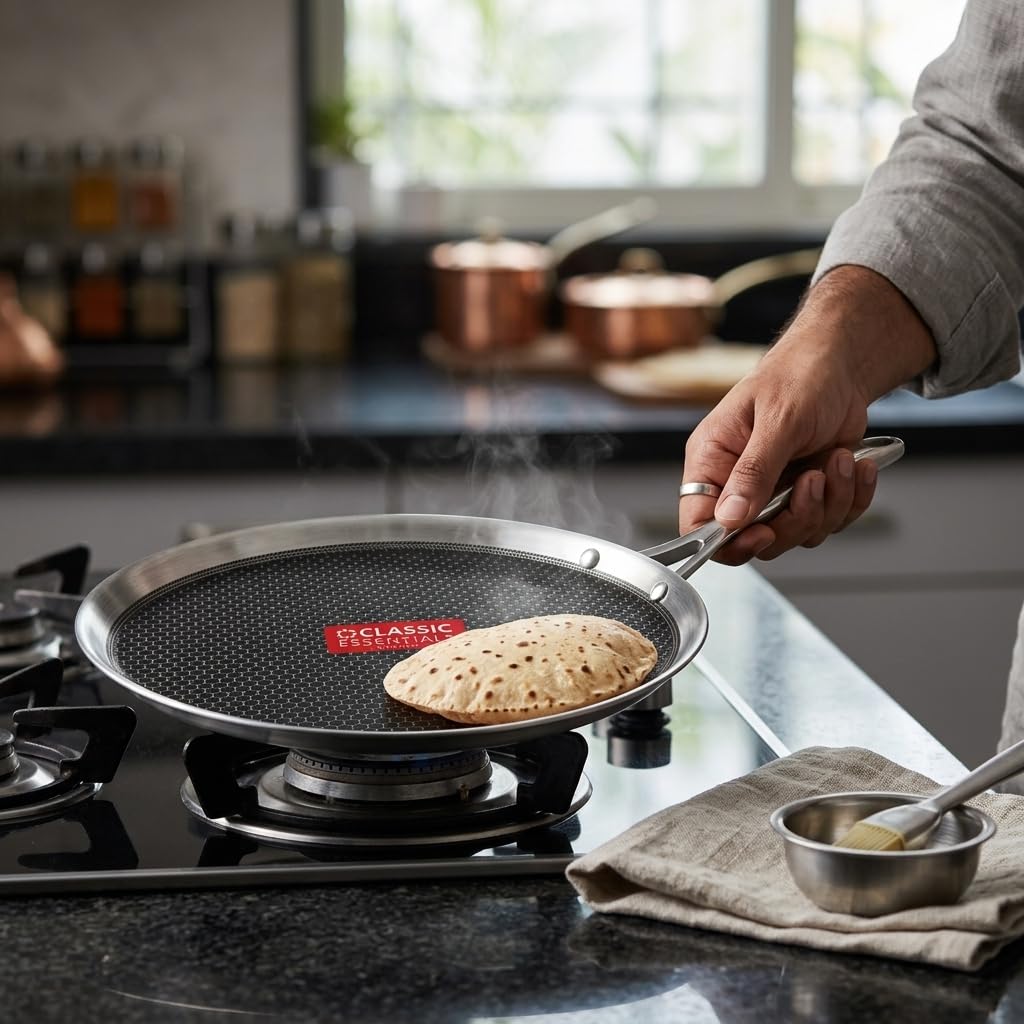 Artisan Hybrid Triply Stainless Steel 30 cm Dosa Tawa 4mm Thick | Honeycomb Structured Cooking Surface Non Stick | Scratch-Resistant | Induction & Gas Compatible | Ideal for Dosa, Uttapam, & Chapati
