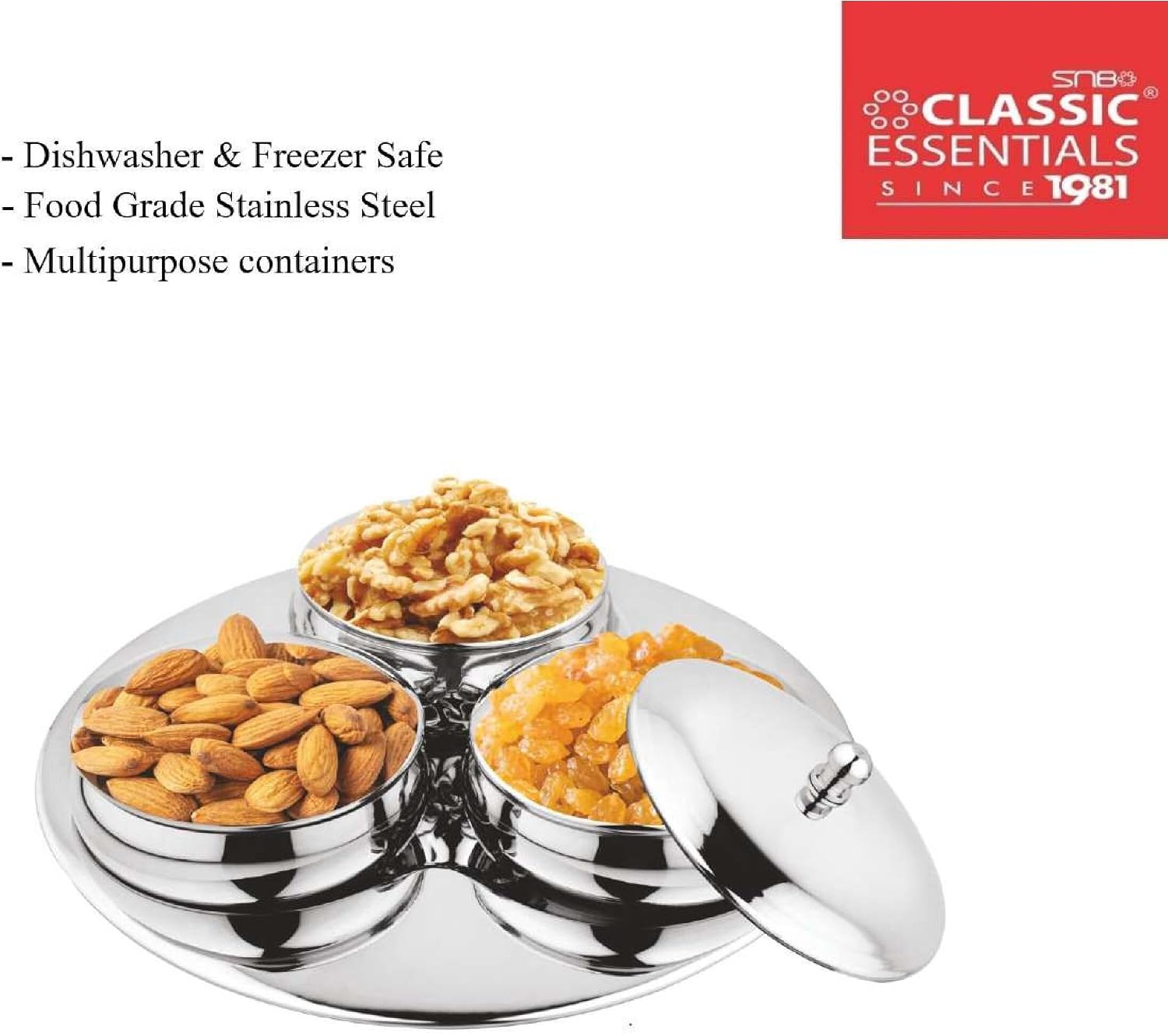 CLASSIC ESSENTIALS Stainless Steel Multipurpose Dry Fruit Serving Bowl Set with lids and Steel Tray Bowl, Tray Serving Set (Pack of 3)