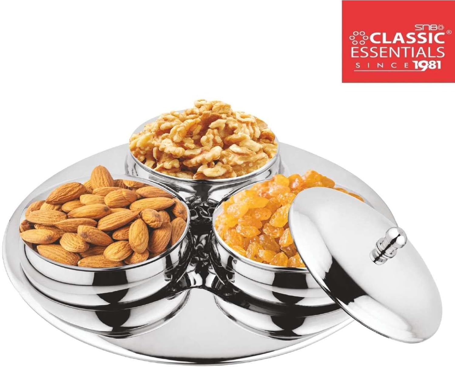 CLASSIC ESSENTIALS Stainless Steel Multipurpose Dry Fruit Serving Bowl Set with lids and Steel Tray Bowl, Tray Serving Set (Pack of 3)