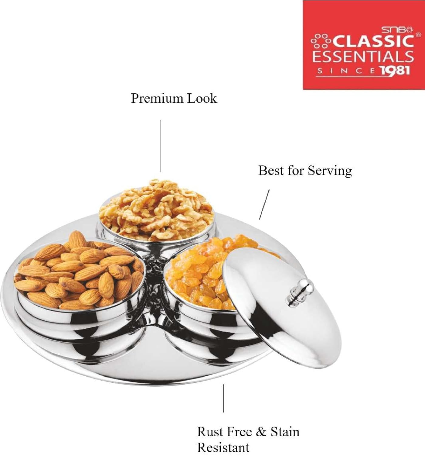 CLASSIC ESSENTIALS Stainless Steel Multipurpose Dry Fruit Serving Bowl Set with lids and Steel Tray Bowl, Tray Serving Set (Pack of 3)