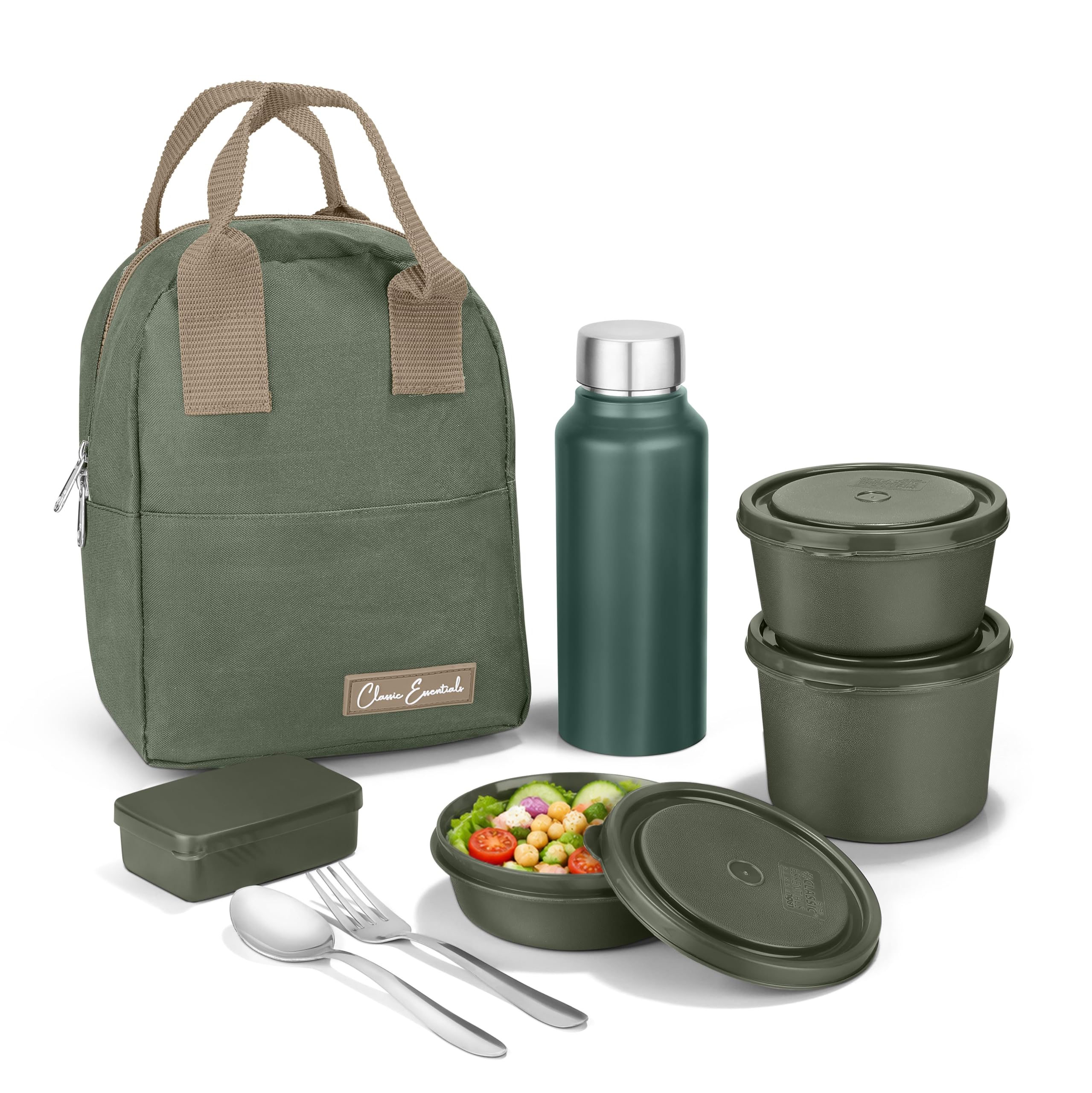 CLASSIC ESSENTIALS Fresh Microwave Safe Lunch Set of 5 | 250ml, 400ml & 600ml Containers | 600ml Steel Bottle, Insulated Carry Bag & Cutlery | Containers | BPA-Free Food Storage Set-Green
