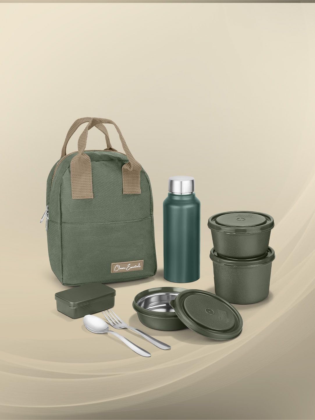 CLASSIC ESSENTIALS Fresh Microwave Safe Lunch Set of 5 | 250ml, 400ml & 600ml Containers | 600ml Steel Bottle, Insulated Carry Bag & Cutlery | Containers | BPA-Free Food Storage Set-Green