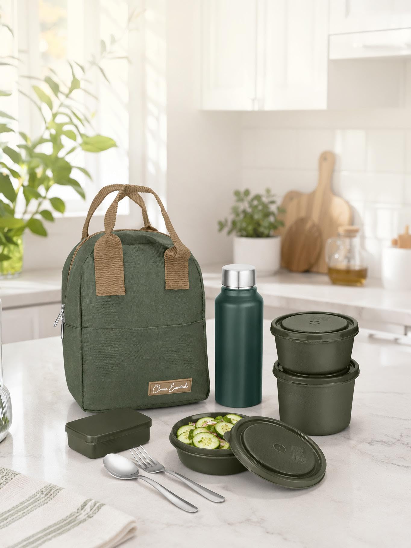 CLASSIC ESSENTIALS Fresh Microwave Safe Lunch Set of 5 | 250ml, 400ml & 600ml Containers | 600ml Steel Bottle, Insulated Carry Bag & Cutlery | Containers | BPA-Free Food Storage Set-Green