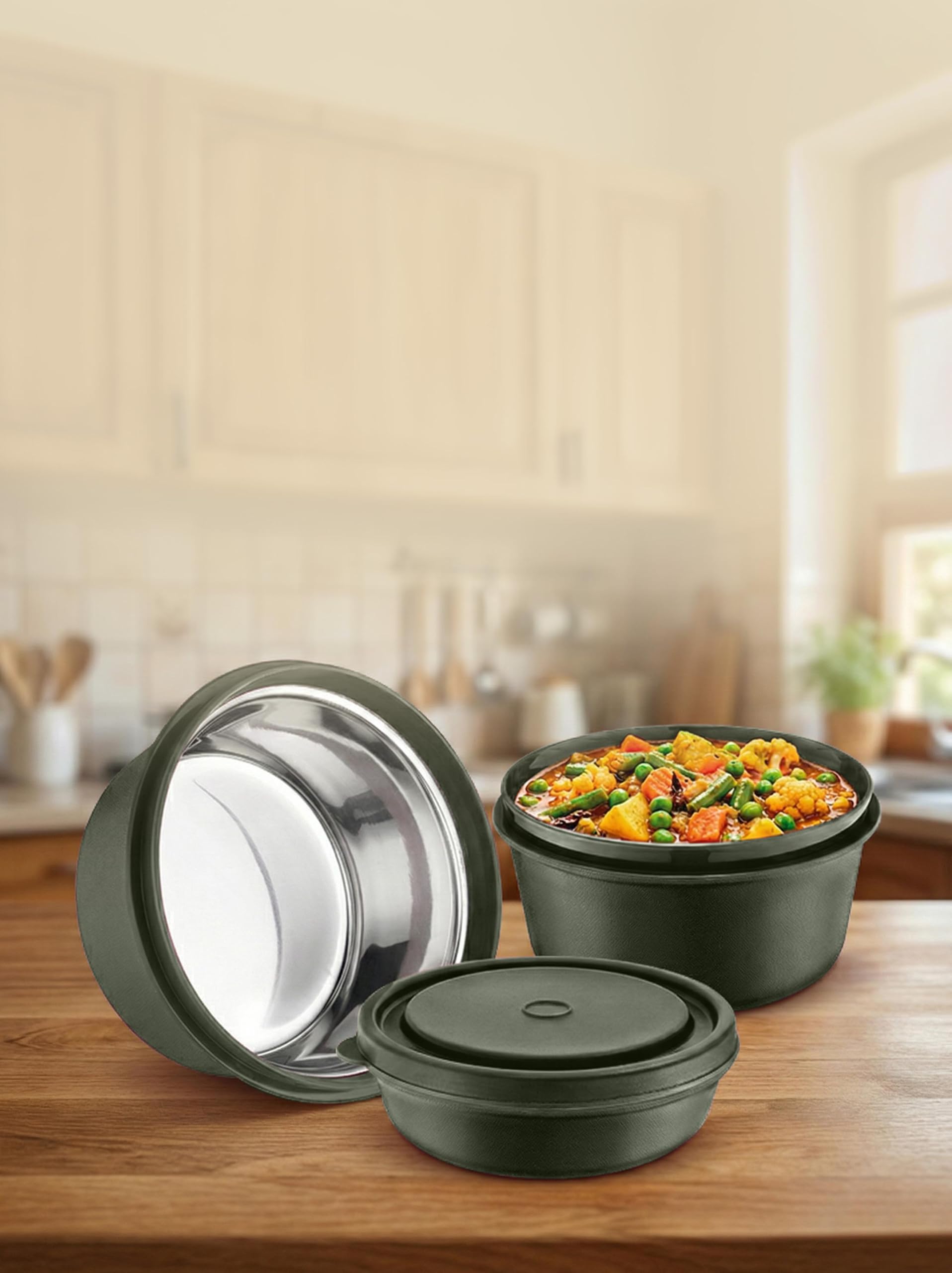 CLASSIC ESSENTIALS Fresh Microwave Safe Lunch Set of 5 | 250ml, 400ml & 600ml Containers | 600ml Steel Bottle, Insulated Carry Bag & Cutlery | Containers | BPA-Free Food Storage Set-Green